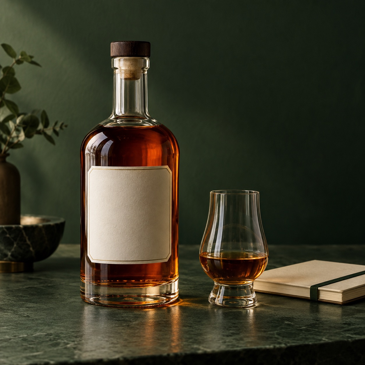 Bourbon bottle, amber pour and tasting notebook on a forest-green table.